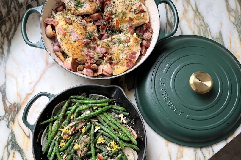 Coq Au Vin Mousseux with Charred Haricots Verts